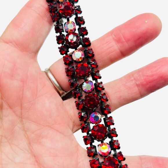 Stunning Vintage Regency Red Rhinestone AB Gun Metal Bracelet - Picture 7 of 8